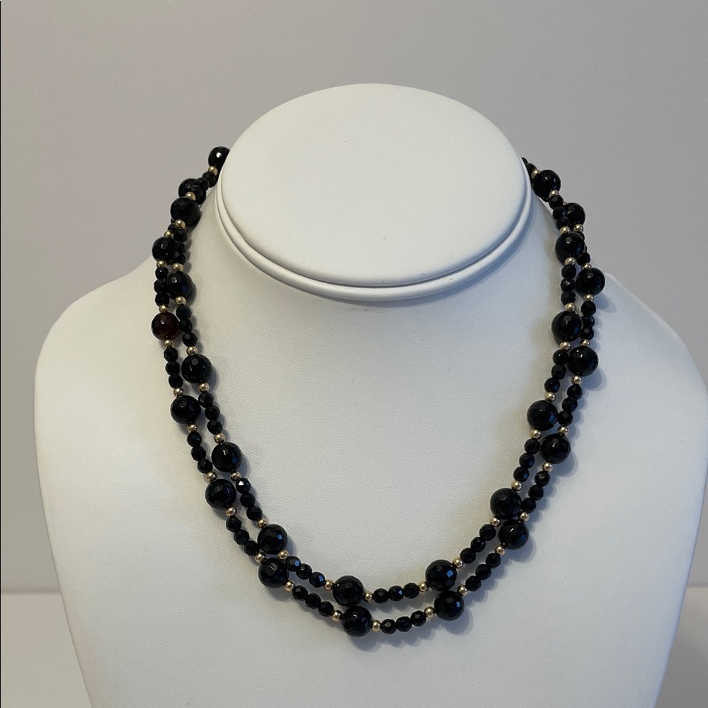 Vintage Double Strand 14K Yellow Gold And Onyx Bead Necklace